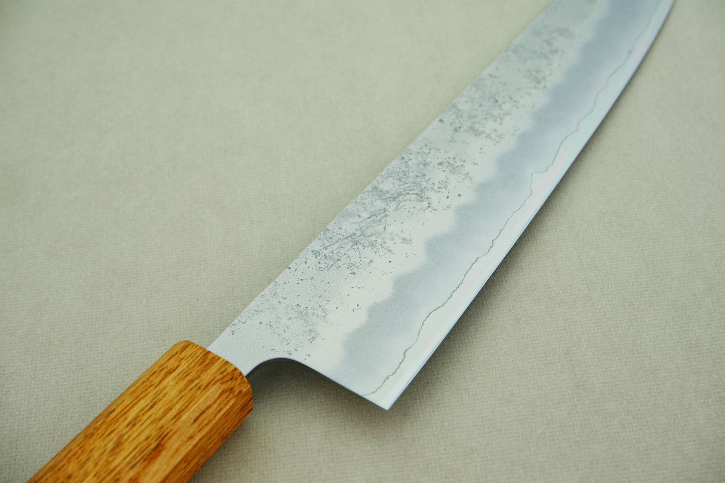 Yoshihiro ginsan nashiji gyuto 240 with a burnt lacquered octagonal oak handle