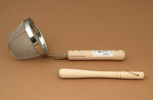 Stainless steel miso strainer with wooden handle and mudler